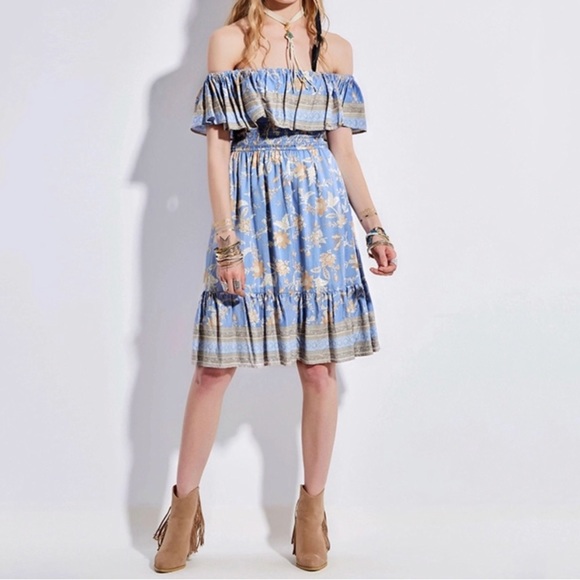 Ruffled Off-The-Shoulder Blue Border Floral Print Dress Women’s Multi Sizes NWT - Picture 9 of 10